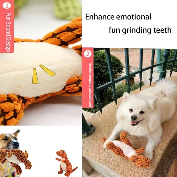 SOYATER Dino Dog Stuffed Plush Squeaky Toy Orange Dinosaur NEW 8" - Picture 3 of 8